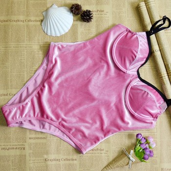 Sexy Off Back Velvet Swimsuit for Women One Piece Swimsuit Bikini Padded Swimwear Navy Pink